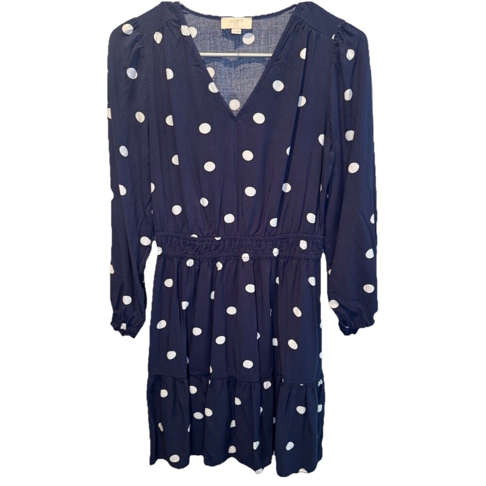 Loft Navy Blue White Polka Dot Pullover‎ VNeck Dress S Petite Classic Preppy